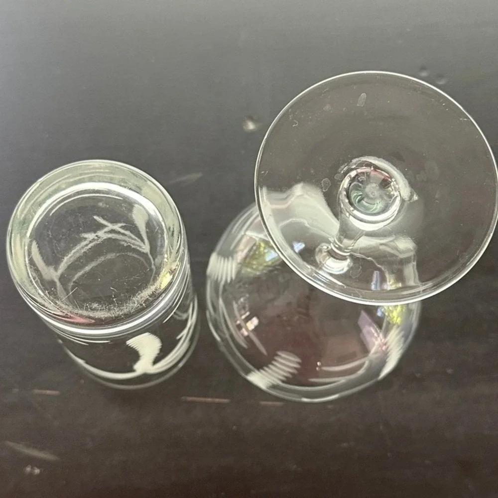 Rolf Glass Palm Tree Glassware Pair Wine Balloon & Highball Tropical Barware